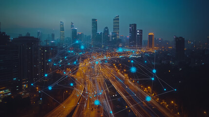 Fototapeta premium Abstract businesswoman stands on the peak of success Smart digital city with connection cyber security network reciprocity over the cityscape future wireless digital city and social media networking