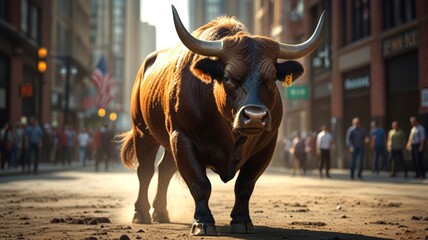 A powerful bull stands confidently in an urban setting, surrounded by bustling crowds, symbolizing strength amidst the city's hustle and bustle
