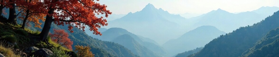 Tree branches stretching towards misty mountain peaks, fog, stretch