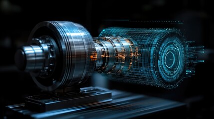 Futuristic metallic industrial machine with digital holographic projection.