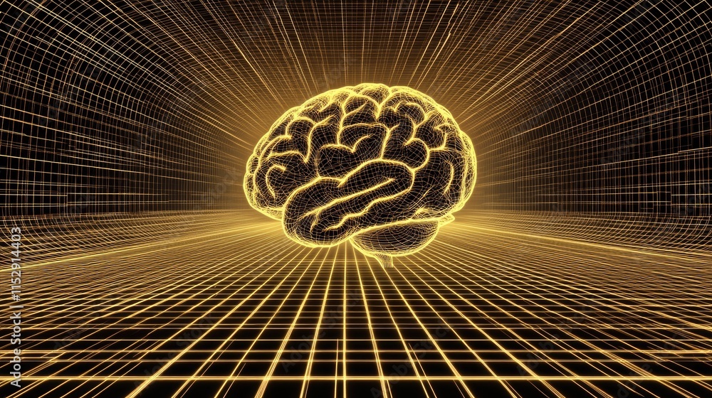 Aufkleber abstract digital brain with lines and grids in yellow glow