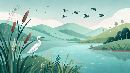 Wetlands landscape, World Wetlands Day, minimalist illustration, flat design, turquoise water, green hills, white heron, cattails, birds in sky, calm scenery, environmental awareness, pastel colors, v