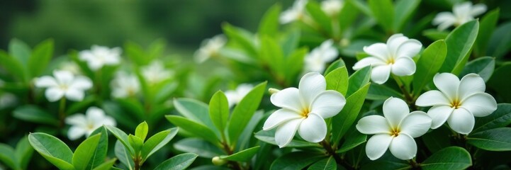 Obraz premium White gardenias scattered throughout a lush green garden, gardenia, flowers