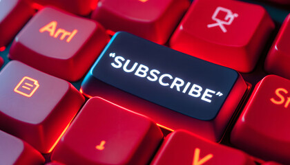 Glowing Red Keyboard with Subscribe Key, Futuristic Tech Design