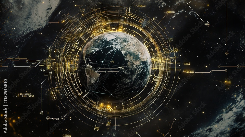 Poster earth surrounded by connection lines and circles in space