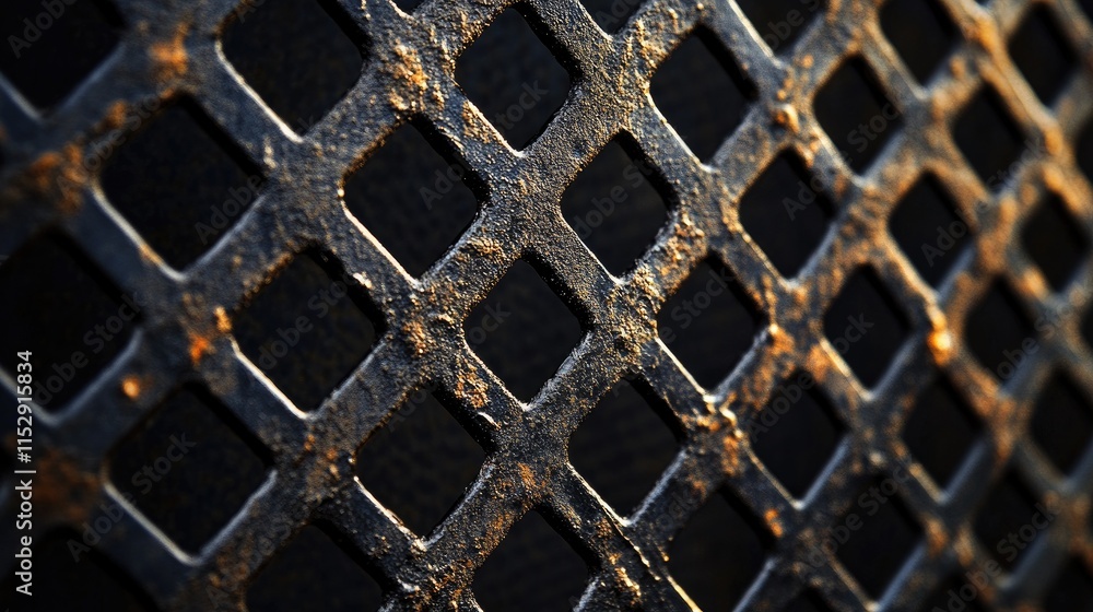 Poster close-up of textured metal grid with rusty details and shadow play