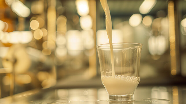 A Close-Up of Fresh Milk Being Poured into a Clean Glass, Highlighting the Pure White Stream of Milk that Symbolizes Safety and Quality in Dairy Products, Captured with a Shallow Depth of Field.