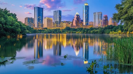 Obraz premium Scenic View of Austin Skyline Reflected in Calm Water at Sunset