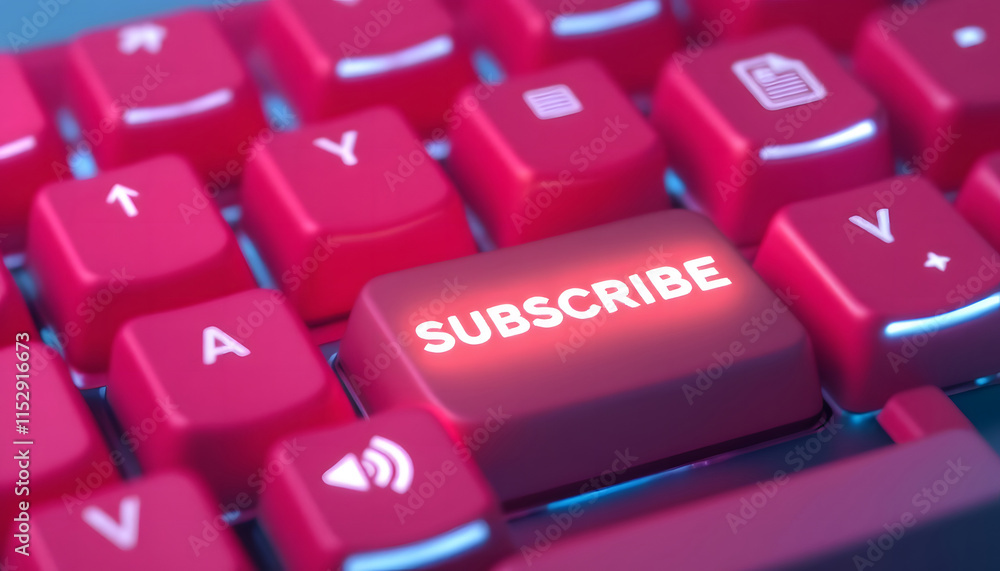 Poster glowing red keyboard with subscribe key, futuristic tech design