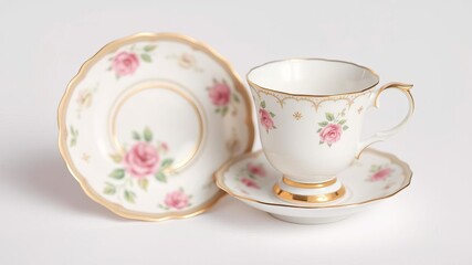 Delicate porcelain tea cup with intricate floral patterns, soft pastel colors, matching saucer, gold rim, intricate, matching saucer