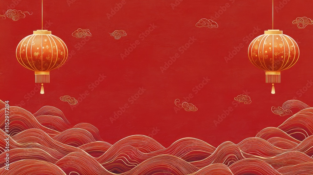 Poster red background with lanterns and waves in asian style design