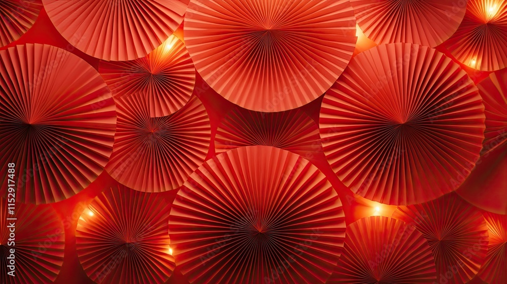 Poster Red Paper Fan Background with Circular Shapes and Depth Effects
