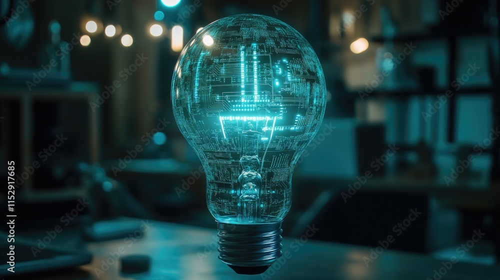 Poster digital light bulb with circuitry glow in modern workspace setting