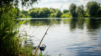 A peaceful fishing trip on a serene riverbank, Fishing rods and tackle laid out for angling, Angler's retreat style