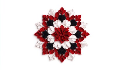 A vibrant hand-crafted floral design featuring red, white, and black petals arranged in a beautiful symmetrical pattern on a white background.