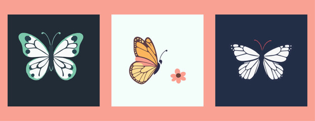 Set of three butterflies insect, fly, three, realistic, colorful, collection, set, vector, illustration, nature, spring, summer, garden, decoration, card, beauty, design, plant, pattern, natural,