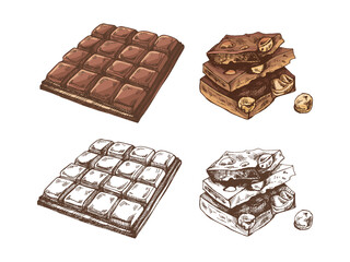 Hand-drawn chocolate bar with nuts and chocolate pieces vintage colored and monochrome illustration