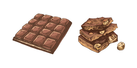 Hand-drawn chocolate bar and nut pieces vintage colored  illustration