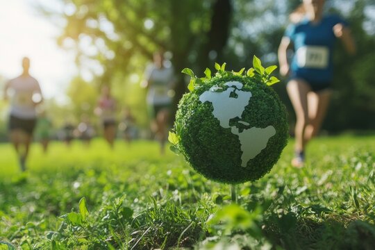 Earth Day-themed charity run or walk event with participants in eco-friendly gear, energetic and dynamic scene - Powered by Adobe