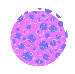 Pop style pattern. Violet and blue patterns and ornaments. Psychedelic and funky style badge. Round label or tag. Back to 80s and 90s. Flat vector illustration