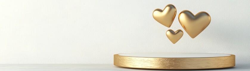 Obraz premium Three floating golden hearts above a round wooden platform, set against a white isolated background, perfect for romantic themes and decorations.