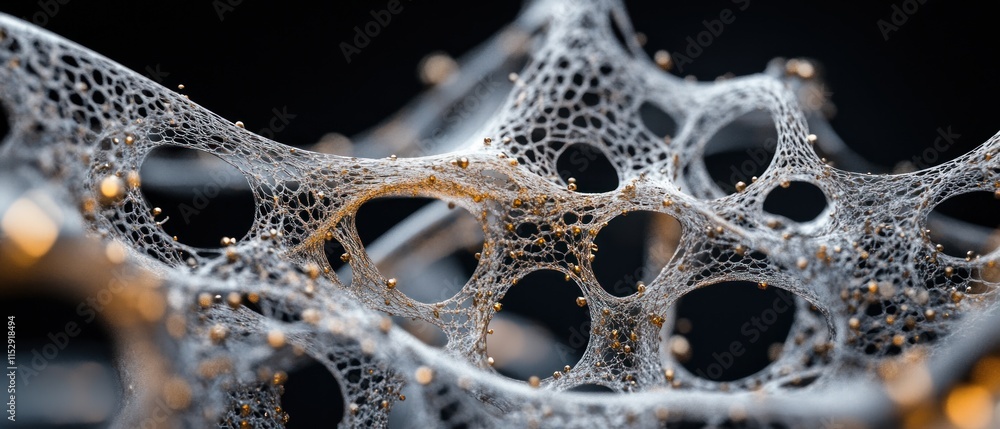 Aufkleber abstract 3d render of a porous, web-like structure with golden particles.