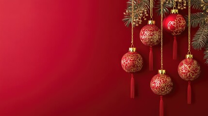 Elegant Christmas Ornaments on Red Background with Pine Branches