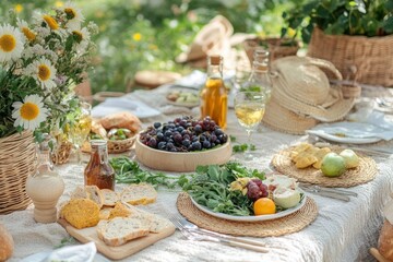 Eco-friendly picnic with sustainable tableware and organic food on Earth Day, colorful and inviting scene