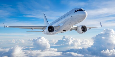 Obraz premium Modern Jetliner Flying Above Clouds Under a Clear Blue Sky