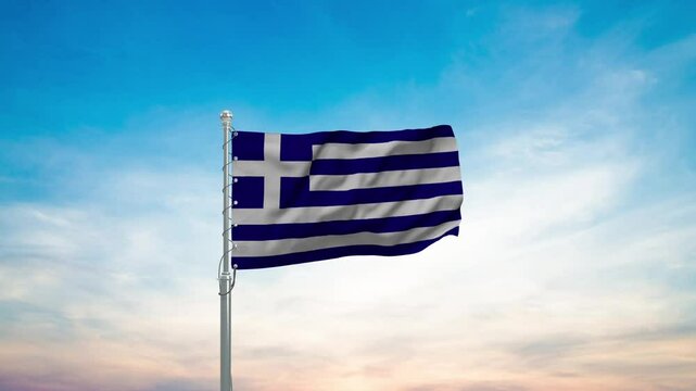 Greece flag on a flagpole waving in the wind