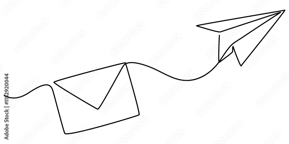 Poster continuous single line sketch drawing of envelope mail with flying paper plane sending letter and em