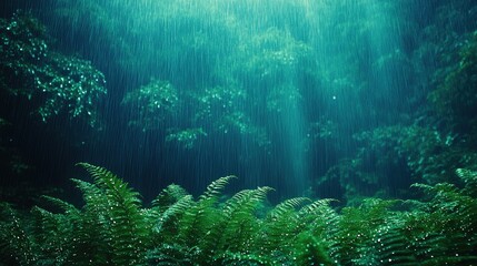 Lush green ferns in a mystical rain forest, sunlight streams through the canopy.
