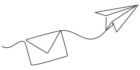 Continuous single line sketch drawing of envelope mail with flying paper plane sending letter and email message concept one line art vector illustration, Drawing of continuous editable one line flying