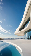 Fototapeta premium White modern building facade, swimming pool outside the building