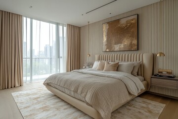 Elegant bedroom with light beige and white walls, vertical striped wallpaper, neutral bed, gold accents, soft lighting, wooden flooring, and contemporary decor elements.