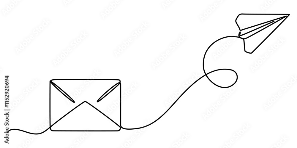 Poster continuous single line sketch drawing of envelope mail with flying paper plane sending letter and em