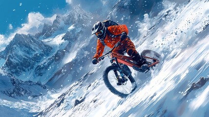 a mountain biker in action, navigating a rugged, snowy landscape. wearing a helmet and protective gear, showcasing dynamic pose as they descend a steep slope. The bike is equipped for off-road terrain