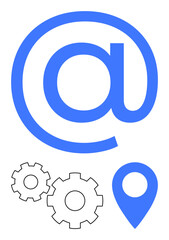 Large blue email symbol, black and white gears, blue location pin. Ideal for business communication, digital marketing, technology, engineering, online services navigation innovation. Line metaphor