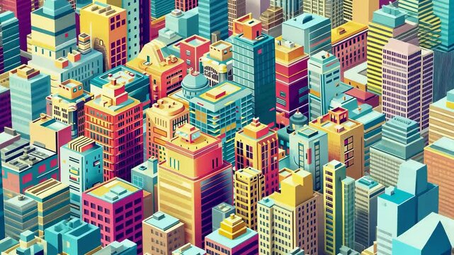 Vibrant Cityscape: An isometric illustration of a bustling metropolis, a vibrant explosion of color and architectural diversity.  A playful yet detailed depiction of urban life. 