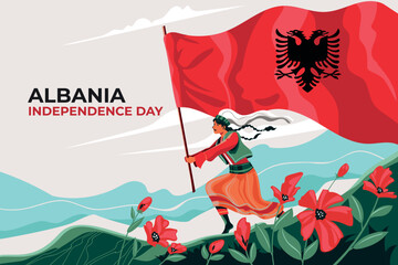 An Albanian woman raises the Albanian flag atop a highland to commemorate Albania Independence Day great for background element
