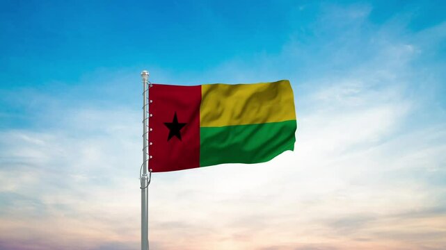 Guinea-Bissau flag on a flagpole waving in the wind