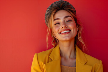 A woman wearing a yellow blazer and a straw hat smiles at the camera