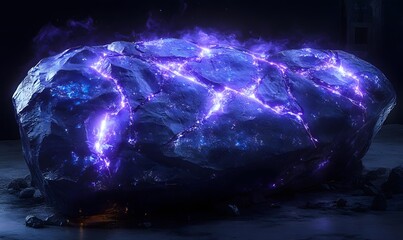 Glowing purple energy cracks a dark stone.