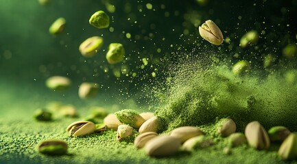 A vibrant green background with scattered pistachios and a sprinkling of green powder, creating an elegant display for product photography