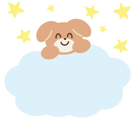 Illustration of puppy, stars, blue text bubble for blank space, insert text, dog cartoon, character, comic, pet, souvenir shop, animal, text, message, chat, dialogue, sticker, cute patch, brooch