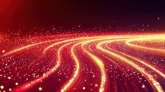 Red background, golden light streaks, glowing lines, luminous path, glowing particles and a red trai