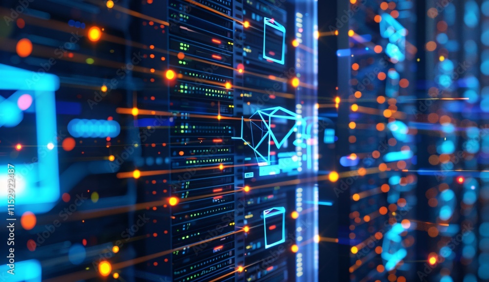 Poster high tech futuristic digital data center background with glowing light