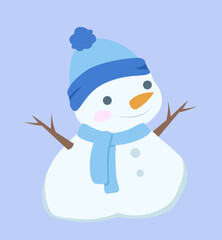 Cute snowman in hat. Man from snowballs in blue scarf and hat. Cold season, New Year and Christmas, Noel Eve. December or January. Graphic element for website. Flat vector illustration