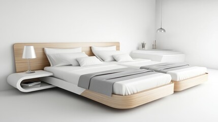 Close up of a modern minimalist double bed with a white background cutout. Ai generated image