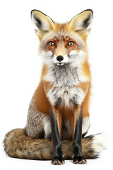 Obraz premium Red fox with a bushy tail, looking over its shoulder on a white background, capturing cunning